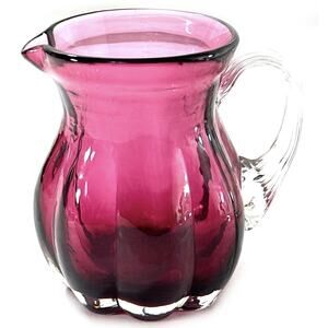 Pilgrim Cranberry Optic Glass Mini Pitcher Clear Handle 3.25” Hand Blown USA